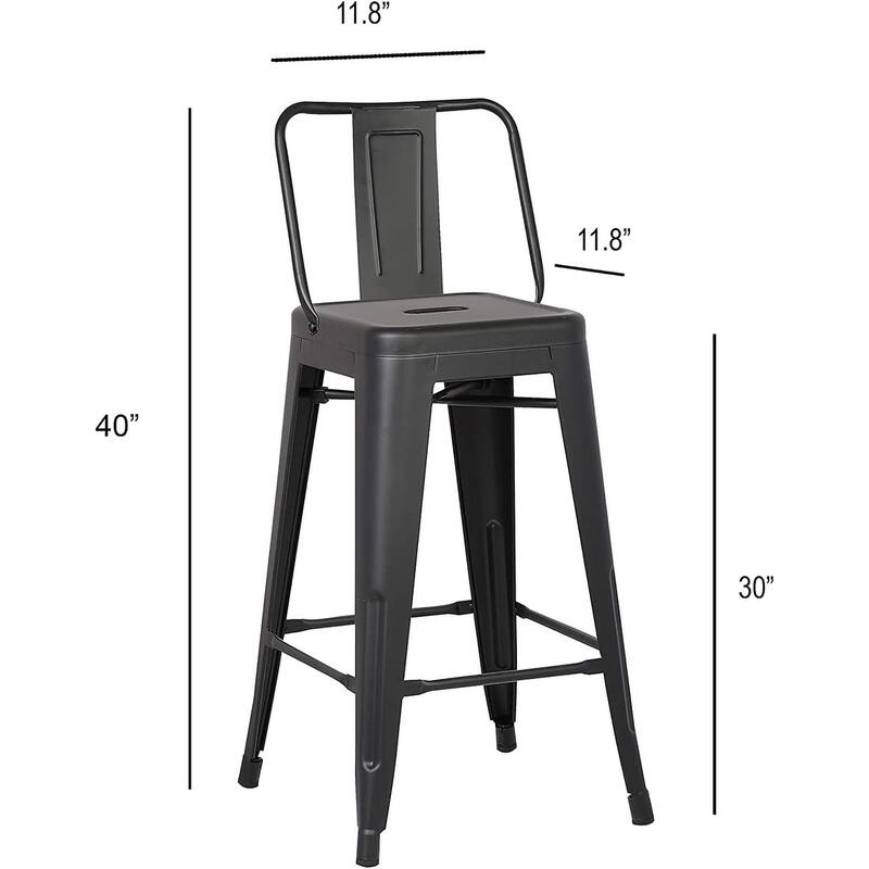 Industrial Metal Bar Stools Set of 2 Bucket Back 4 Leg Design 30in Seat Matte Black