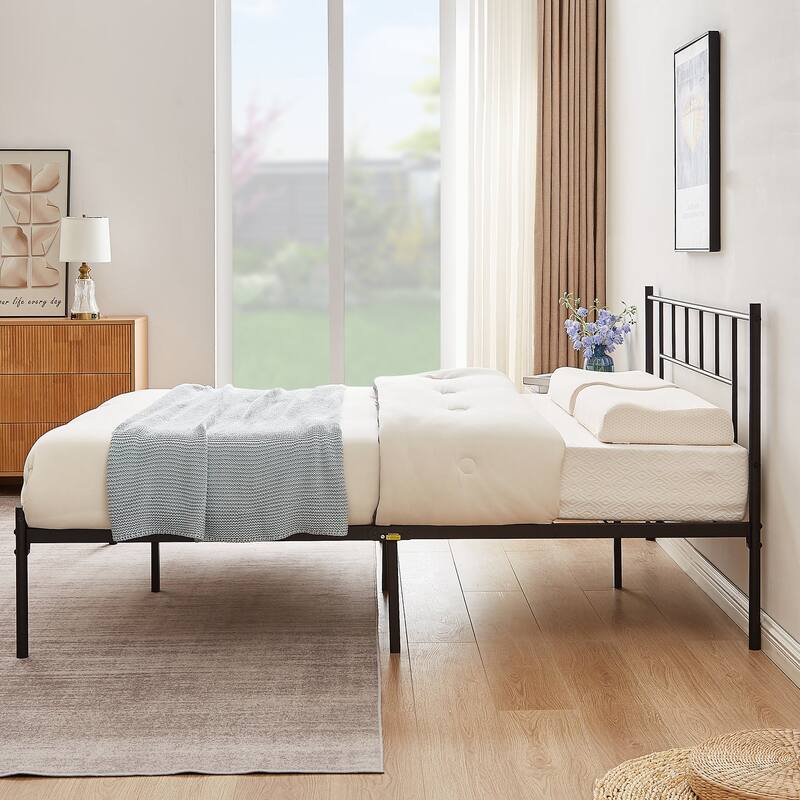 VECELO Victorian Style 14 Inch Metal Platform Bed Frame with Headboard, Heavy Duty Steel Slat Support, No Box Spring Needed