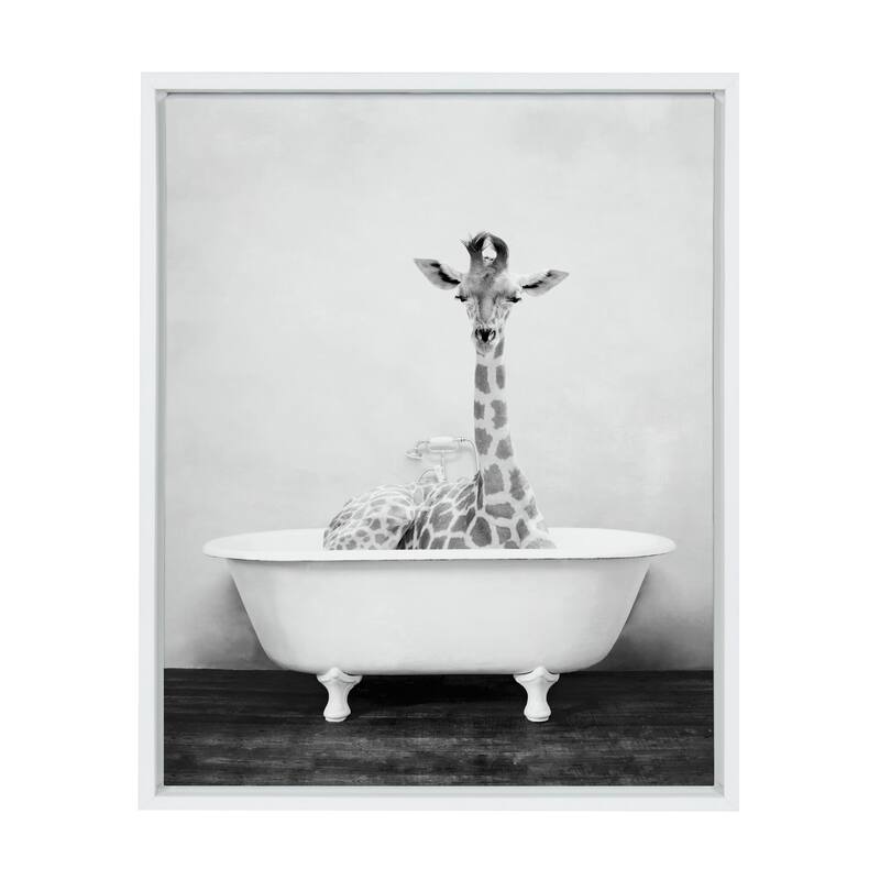 Kate and Laurel Sylvie Giraffe 2 in the Tub Framed Canvas by Amy Peterson - 18x24 - Plastic - White