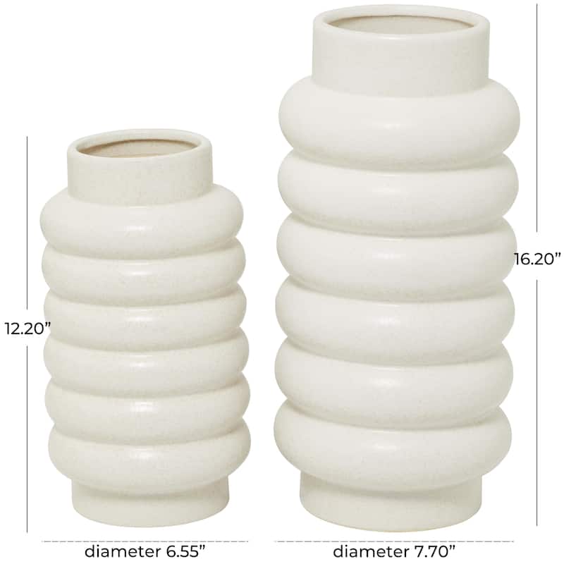 Ceramic Decorative Vase with Ring Ribbing - Set of 2 White, Yellow, Dark Blue - CosmoLiving by Cosmopolitan