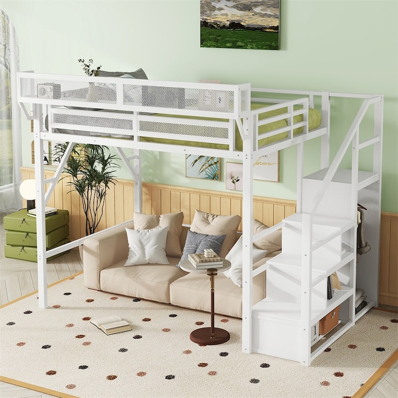Full Size Loft Bed with Stairs,Metal Full Loft Bed w/Storage Shelves