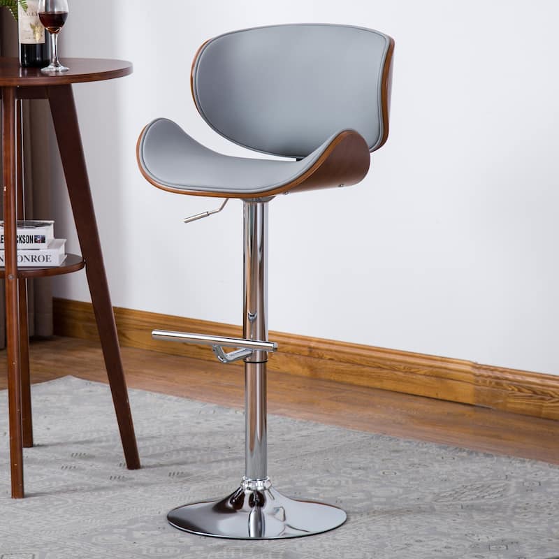Adjustable Swivel Bar Stool - Walnut Bentwood with Curved Gray Seat