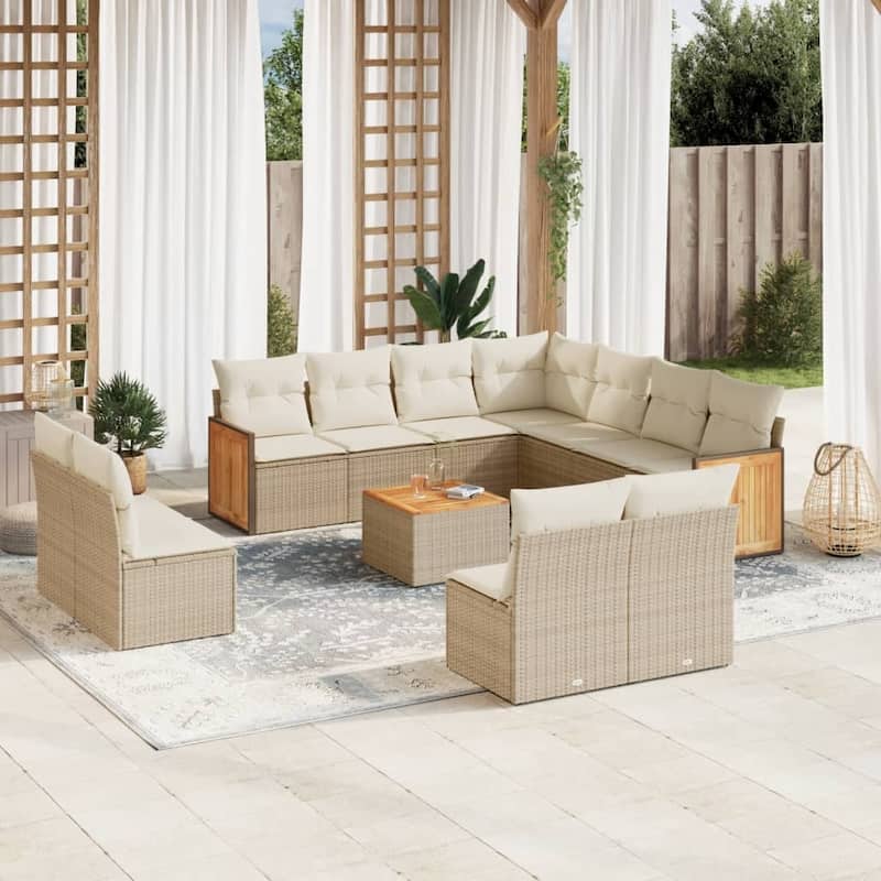 vidaXL Patio Sofa Set with Cushions Outdoor Conversation Furniture Poly Rattan - Beige and Cream-With table - 21.7 x 24.4 x 27.2