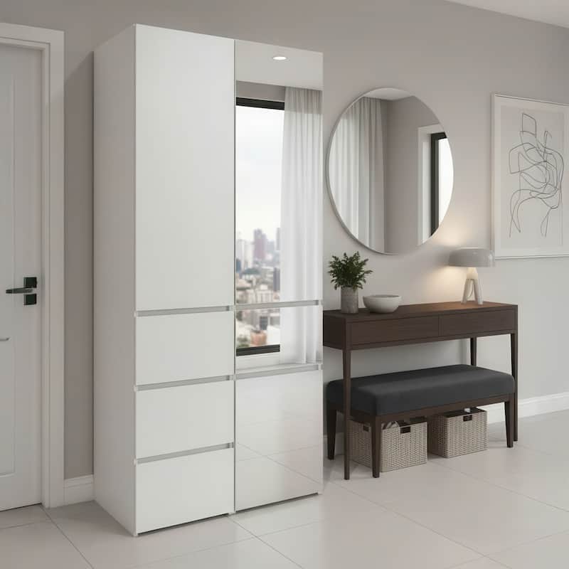 Elise Modular Wood Closet System with Mirror in White - 31.4"D x 17.72"W x 70.9"H
