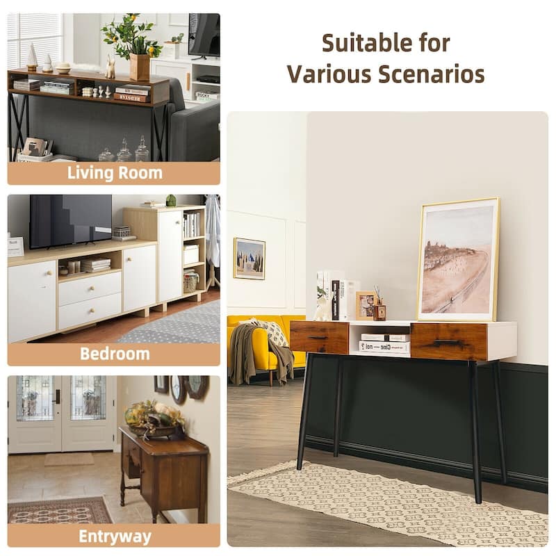 48 Inch Industrial Console Table with Storage Drawers Open Shelf Entryway - 48" x 15.5" x 30.5" (L x W x H)