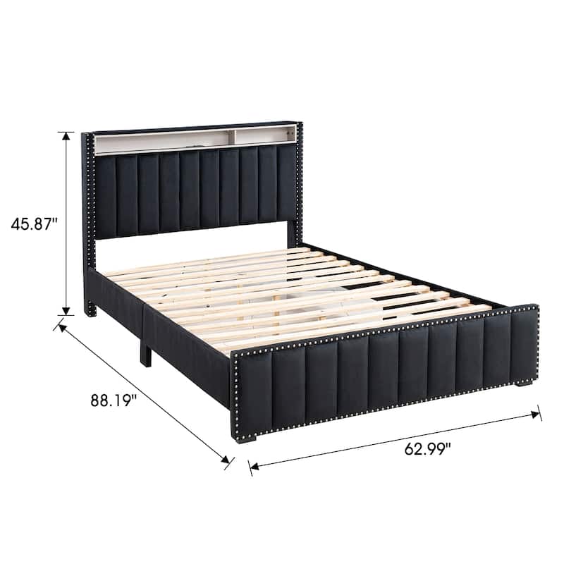Modern Black Solid Wood Bed Frame with Open Compartments