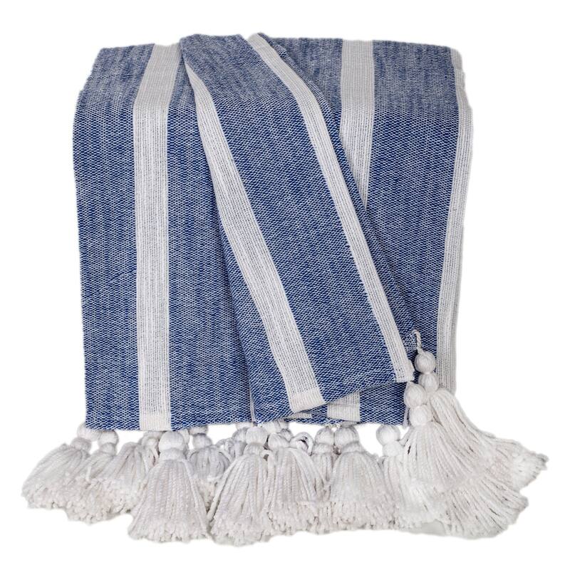 HomeRoots 50" X 60" Blue and White Woven Cotton Striped Throw Blanket with Tassels