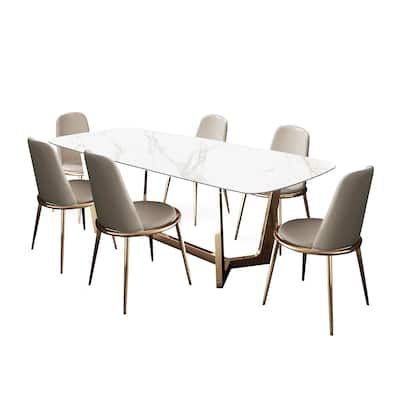 7 Piece Dining Set with Metal Trestle Legs
