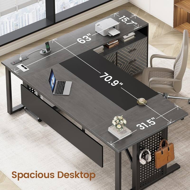 71" Executive Desk File Cabinet L Shaped Computer Desk Shelves