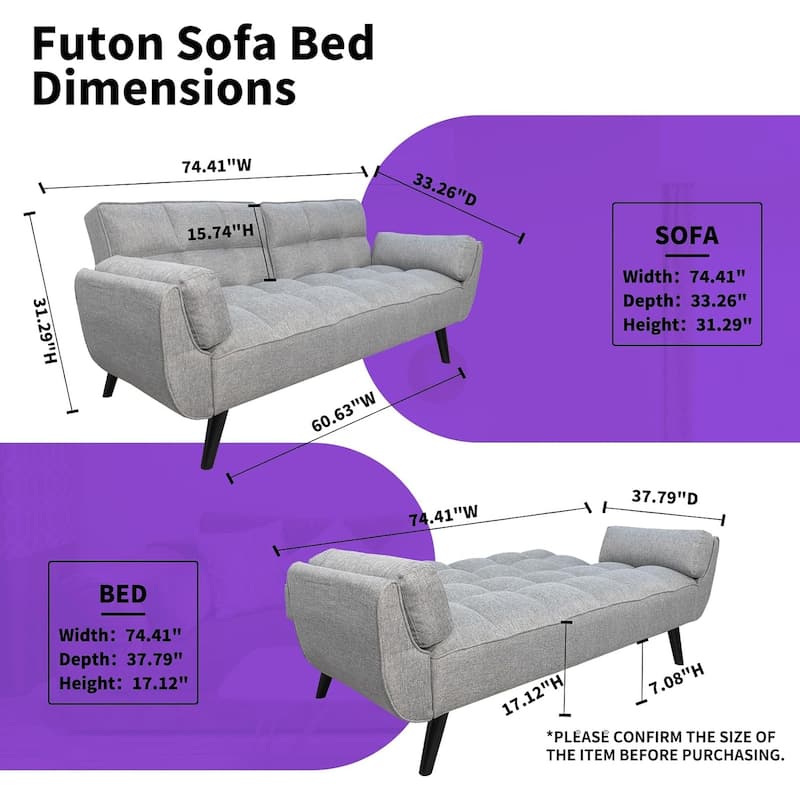 75.39 IN. Futon Sofa Bed, Convertible Upholstered Couch Sleeper with Reclining Sleeper Split Tufted Back