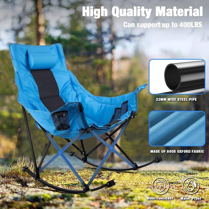 BOSSIN Heavy-Duty Oversized Rocking Camp Chair, Portable Folding w/Cup Holder, Cooler & Pocket for Camping, Beach, Backyard