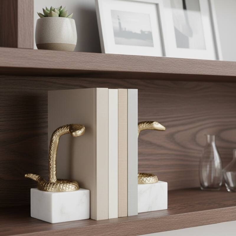 Decorative Faux Snake on Marble Base Bookends - Set of 2", 9", Gold - 9.0"