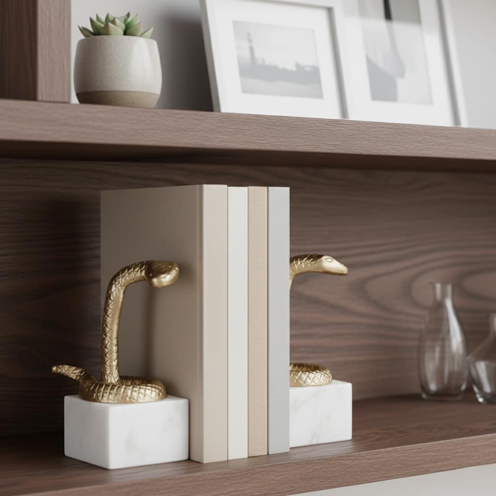 Decorative Faux Snake on Marble Base Bookends - Set of 2", 9", Gold - 9.0"