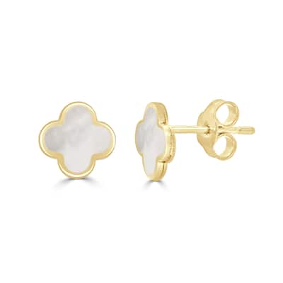 Italian Gold 14K Yellow Gold Mother of Pearl Clover Stud Earrings 7mm 1.10 grams