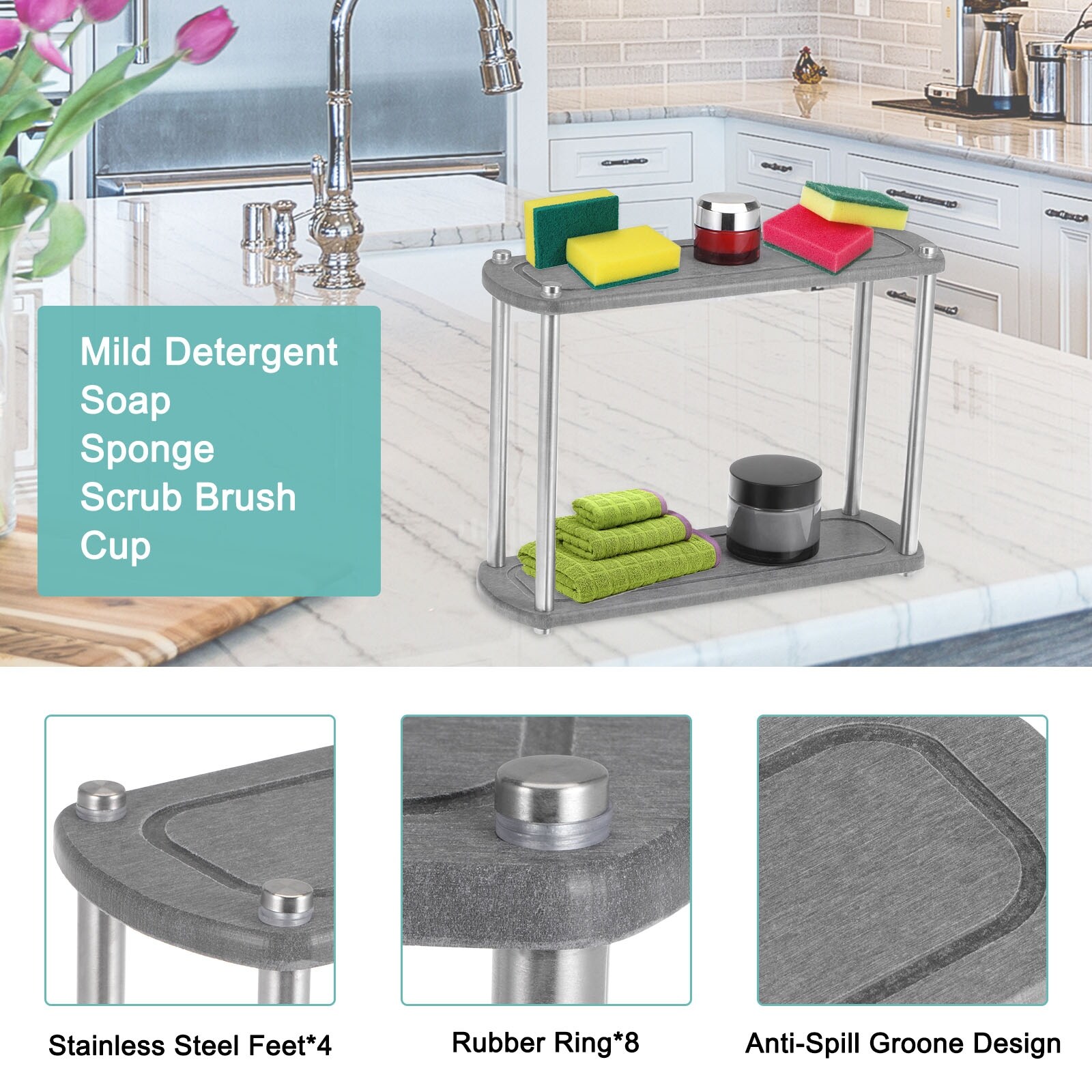 Unique Bargains Instant Dry Sink Organizer, 11.8 inch Kitchen Sink Caddy Sponge Holder Dark Grey