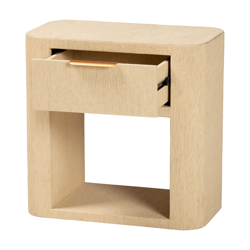 Beauford Grasscloth 1-Drawer Nightstand with Open Shelf - Woven Texture Bedside Table with Rounded Corners and Gold Handle