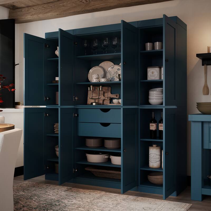Palace Imports 100% Solid Wood 65" Pantry Cabinet with Shaker Doors, 2-Drawers and Adjustable Shelves - Teal Blue