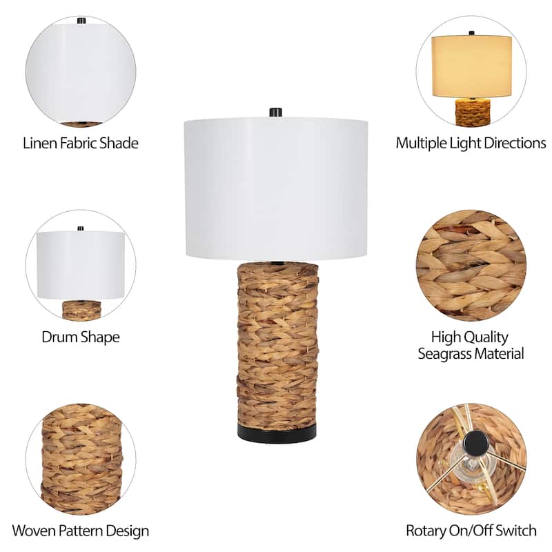 Sagebrook Home Coastal Neutral Seagrass 26" Pillar Table Lamp, Natural Linen Shade, Metal Accents - 14" x 14" x 26"