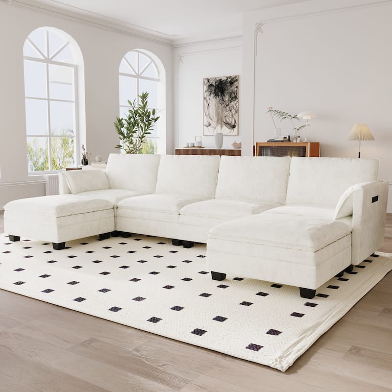 Christopher Knight Home - Noah 141.5" U-Shaped 6-Seater Sofa Couch with Movable Ottoman and Armrest Pockets, Fabric Upholstery