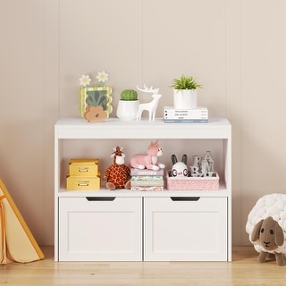 Large Capacity White Kids Toy & Book Storage Cabinet Organizer with Removable Wheeled Drawers, MDF Nursery Organizer