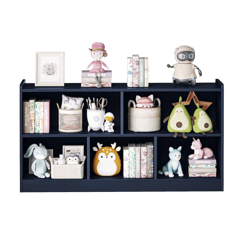 Wooden Storage Cabinet with 5 Sections, Montessori Kids Bookshelf and Toy Organizer for Nursery, Playroom & Classroom - Navy Blue