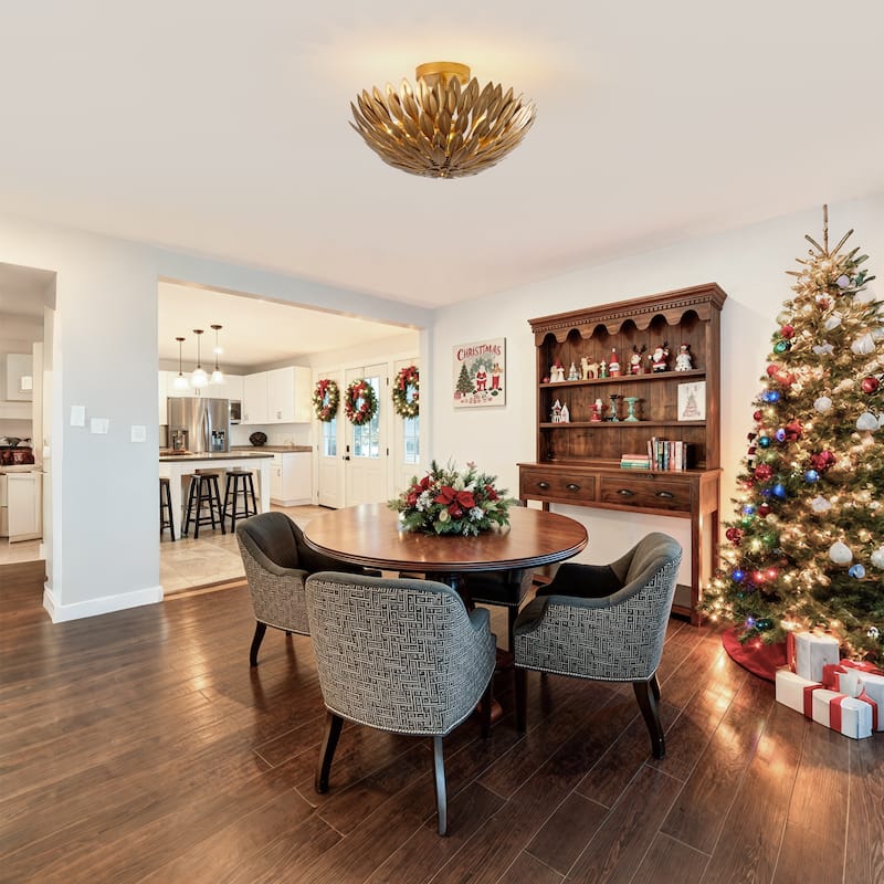 Antique Gold Olive Leaf 3-Light Semi Flush Mount Ceiling Light - 16" W x 10.1" H