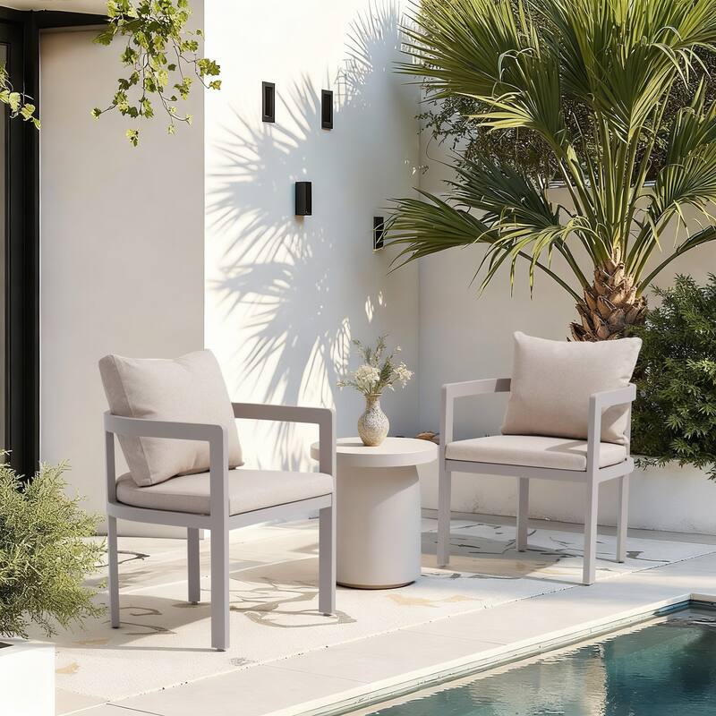 Outdoor Aluminum Dining Chairs with Cushions & Armrests - 2 Pieces Beige