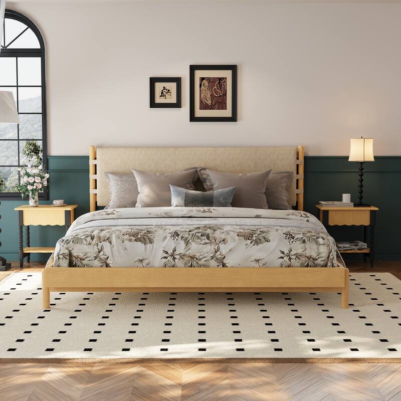 Premium Rubber Wood Platform Bed Frame, King Bed Frame with Headboard Included, Mid Century Modern Bed With Walnut+Light Grey