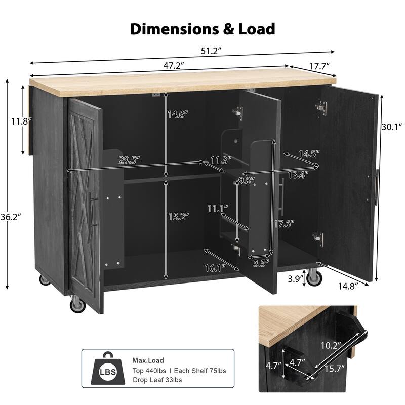 51.2" Wood Rolling Kitchen Island with Drop Leaf and Internal Rack