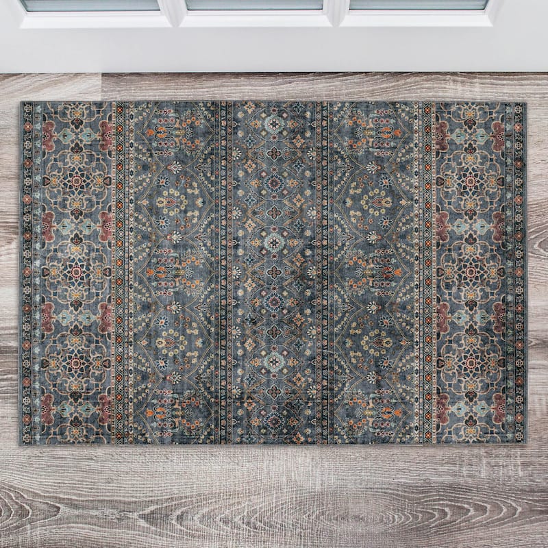 Grant Machine Washable Teal and Ivory Area Rug