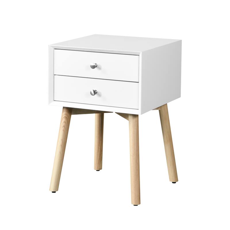 Side Table,Bedside Table with 2 Drawers and Rubber Wood Legs, Mid-Century Modern Storage Cabinet for Bedroom Living Room
