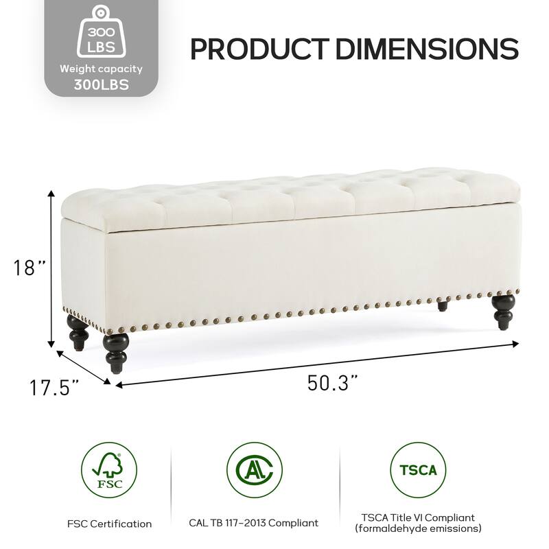 Button-Tufted Storage Bench for Bedroom 50.3"W x 17.5"D x 18"H Bottom rivets design