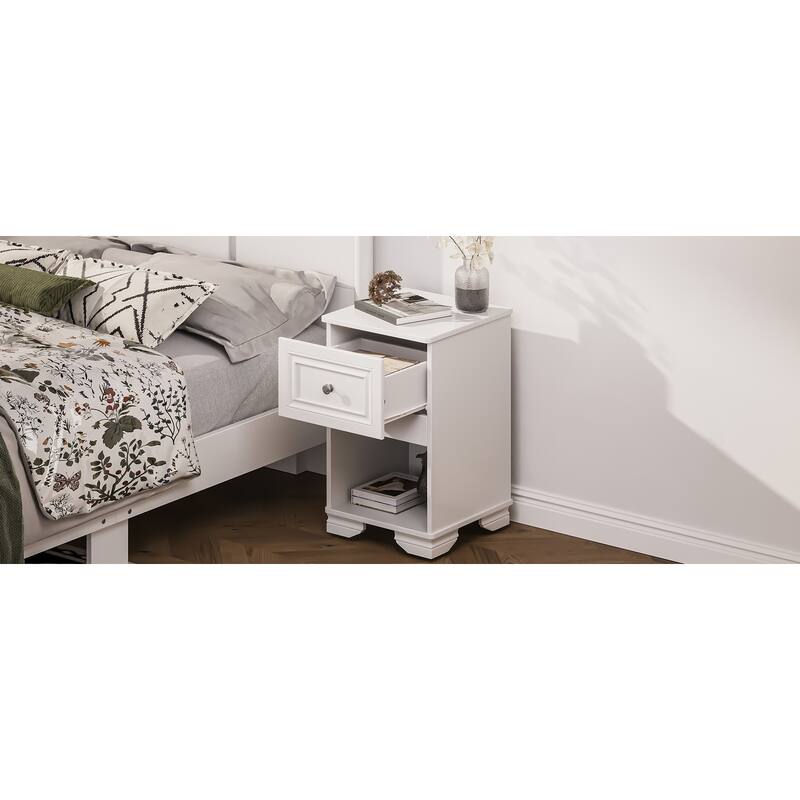 Nightstand With Drawer And Open Shelf, Retro Style Bedside Table With Classic Design And Metal Handle
