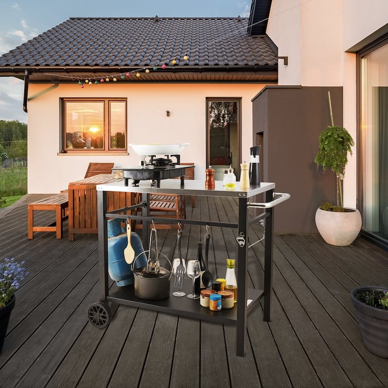 Multifunctional Stainless Steel Outdoor Grill Dining Cart with Double Shelf and Blow Molded Wheels - 39.37 x 25.19 x 32.87 inch