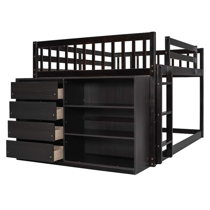 Wood Floor Bunk Bed w/ 4 Drawers, Convertible Side Cabinets & Ladders