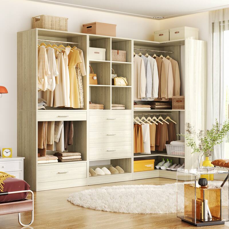 Qvella Corner Closet System with 4 Wooden Drawers & Hanging Rods & Pants Rack, Walk-in Closet Organizer System with Shoe Storage - White Oak