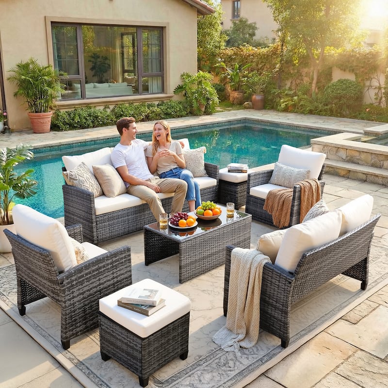 7pcs Wicker Patio Conversation Set Seating Loveseat Sofa with Ottomans