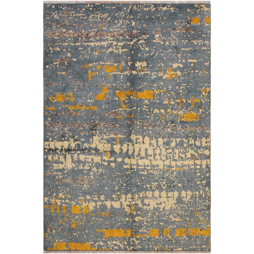 Shabby Chic Balochi Nava Blue/Beige Hand Knotted Wool Rug - 4'11'' x 6'5''