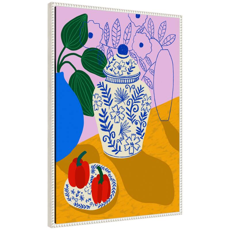 Kate and Laurel Porcelain and Peppers by Teresa Rego Framed Canvas Wall Art Print - 23 x 33 - White