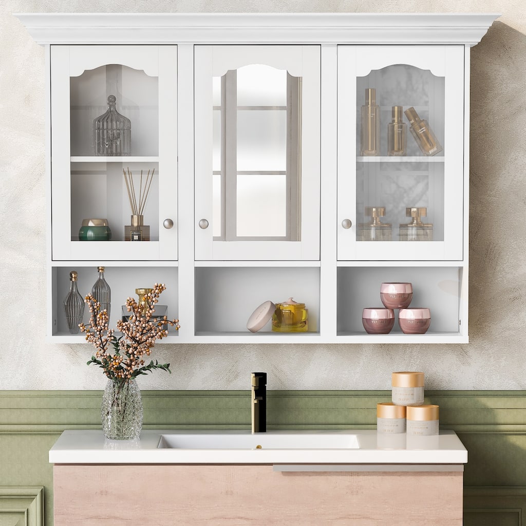 Bathroom Wall Cabinet with Mirror, Wall Mounted Bathroom Cabinet with Glass Doors, 3 Adjustable Shelves & 3 Open Compartments