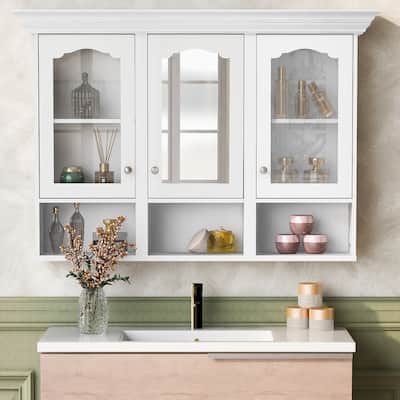 Roomfitters 47" Wall Cabinet with Mirror, 3 Adjustable Shelves and Open Compartments, Over Toilet Bathroom Storage, White