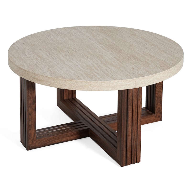 Round Coffee Table 31.5 Inch Marble Pattern Top & Cross Brown Base, Modern Center Table for Living Room