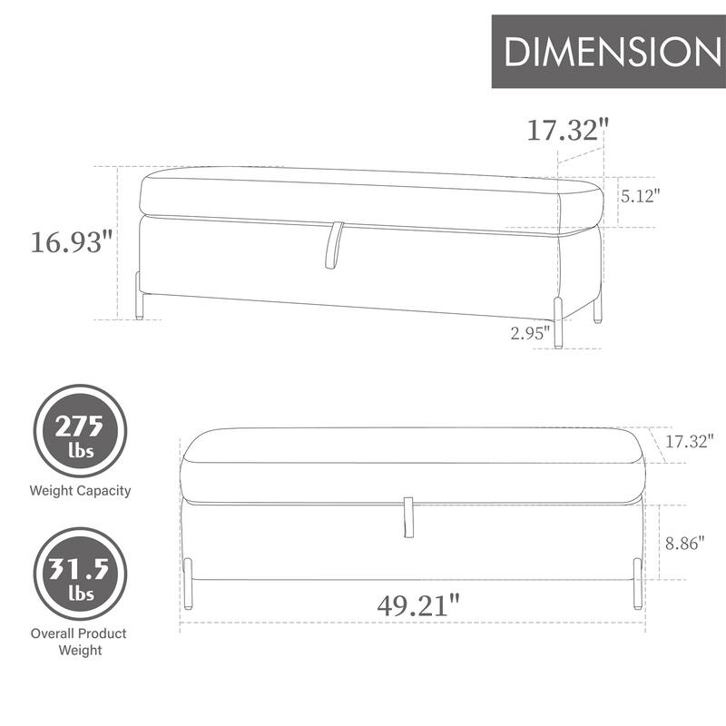 49.21" Upholstered Velvet Storage Bench with Metal Legs for Bedroom