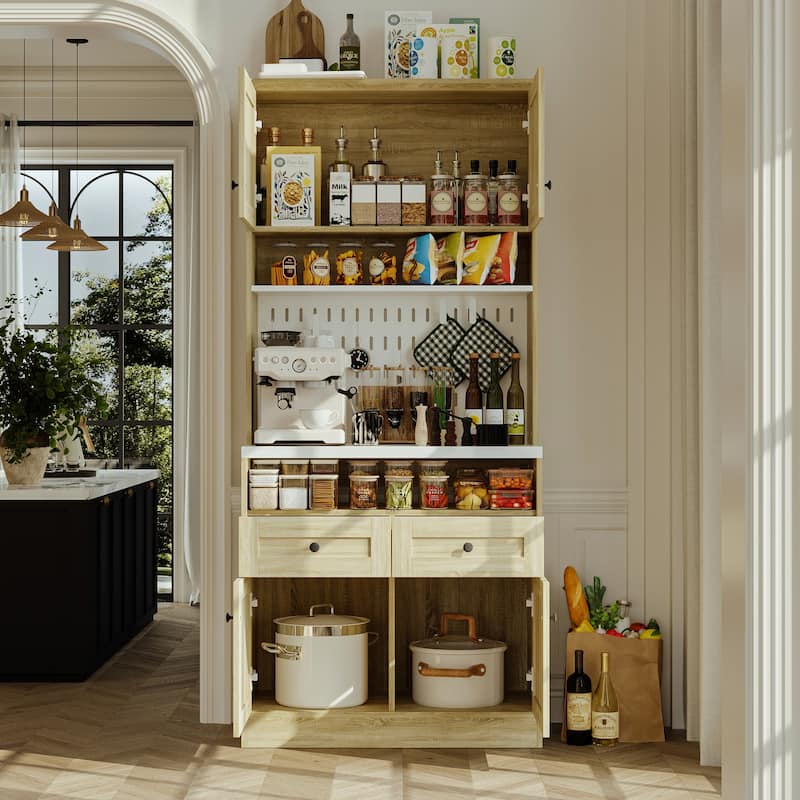 Tall Kitchen Pantry Cabinet Microwave Shelf and Storage Drawers Coffee Bar Cabinet Buffet Hutch Cabinet