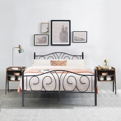 Taomika 3-Pieces Modern Black Metal Bed Frame and Brown Nightstand Sets