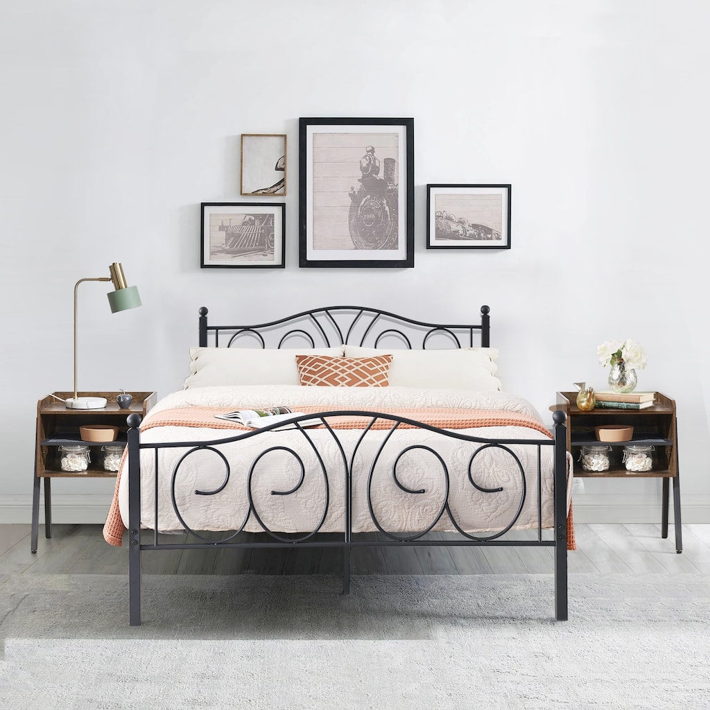 Taomika 3-Pieces Modern Black Metal Bed Frame and Brown Nightstand Sets