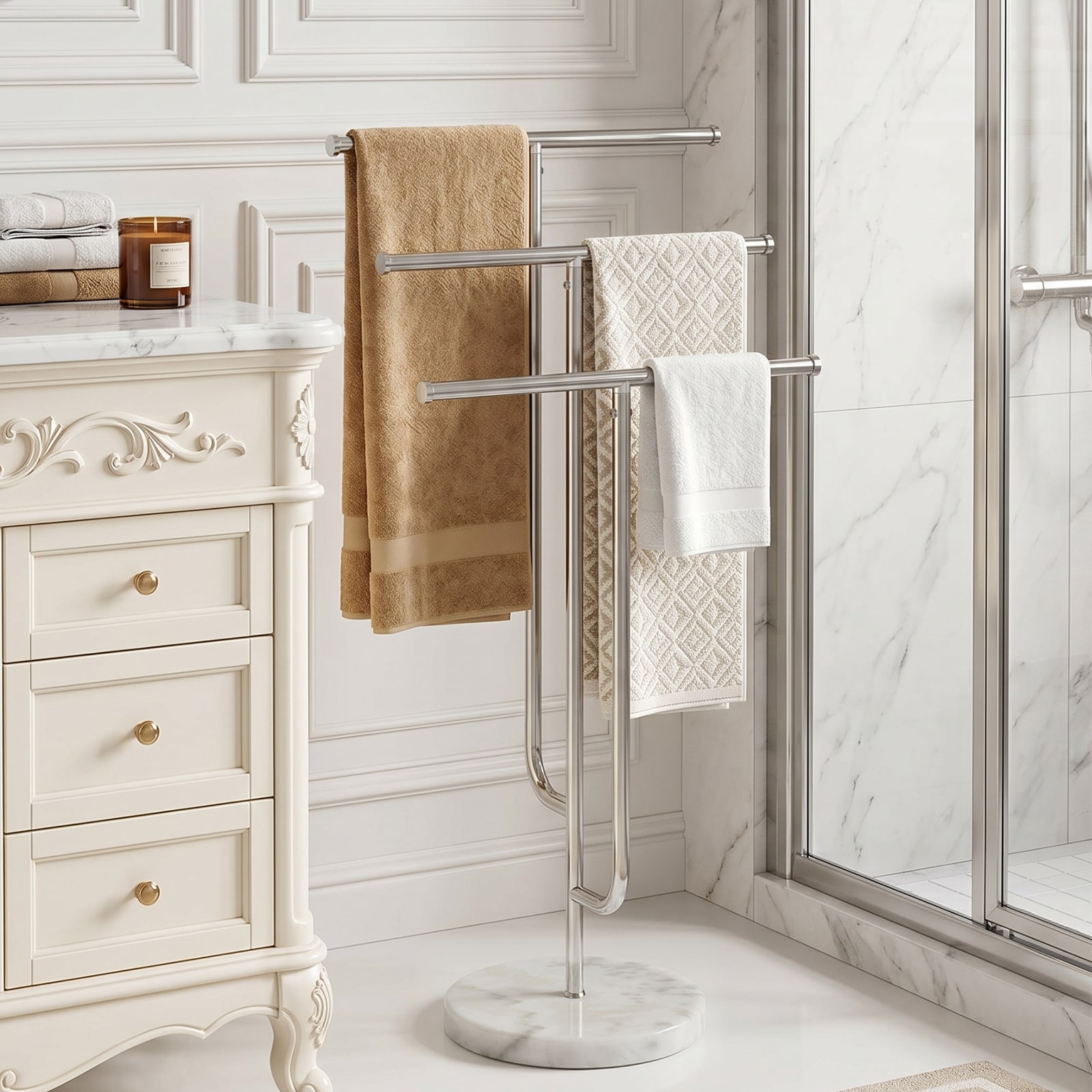 43"H 3-Tier Freestanding Towel Rack with Weighted Marble Base Stainless Steel Bathroom Towel Holder