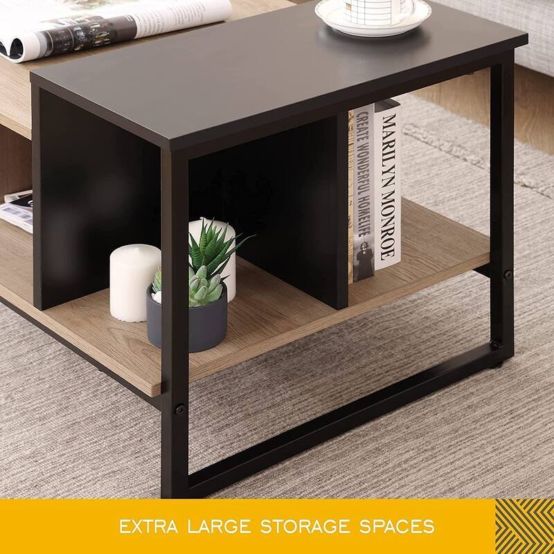 Farmhouse Glass Coffee Table with Storage, Metal Wood