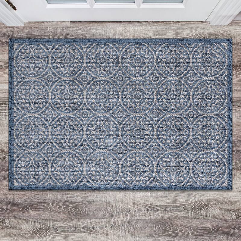 World Rug Gallery Transitional Floral Circles Textured Flat Weave Indoor/Outdoor Area Rug - 2'x3' - Blue