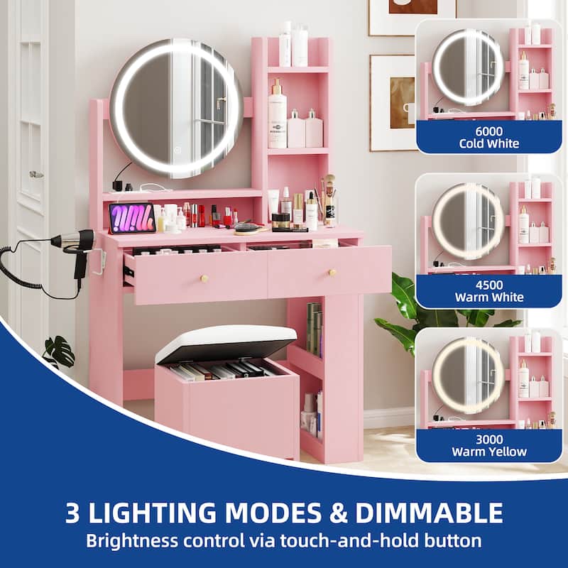 Moasis Makeup Vanity Set with Storage Stool and Round LED Touch Screen Mirror & Charger Station